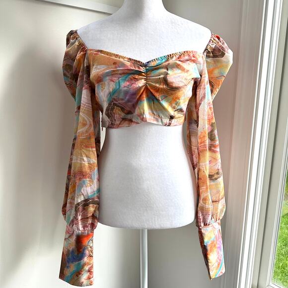 Festival Pastel Marble Boho Fairy Ruched Crop Blouse Long Sleeve 4 / Small NWT - Picture 2 of 10